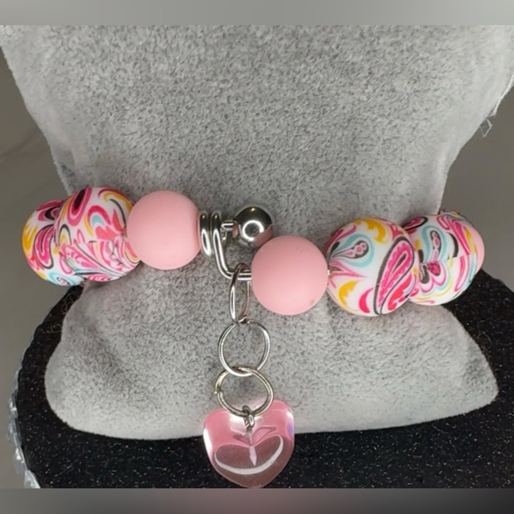 Pink Heart Charm Bangle Beaded Bracelet - Women Jewelry